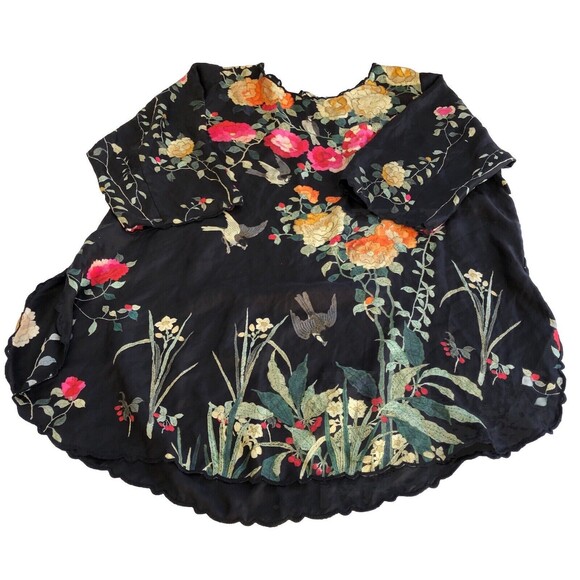 Johnny Was Charlotte Rose Scalloped Silk Tunic Size ? Women Boho V Neck Birds - Picture 7 of 10